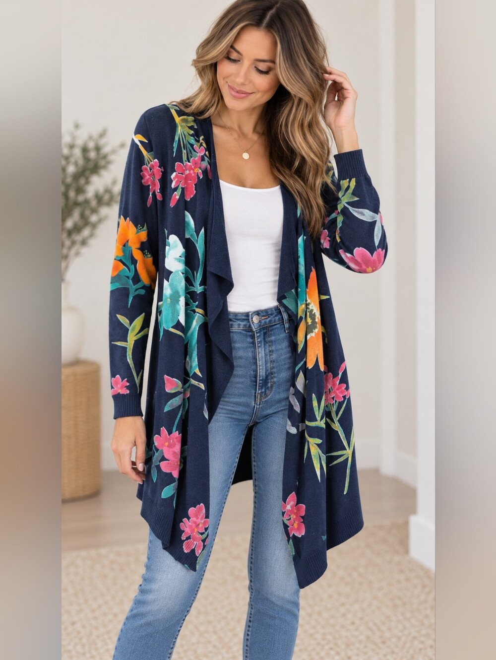Desigual Navy Floral Draped Open Cardigan With Gem Details